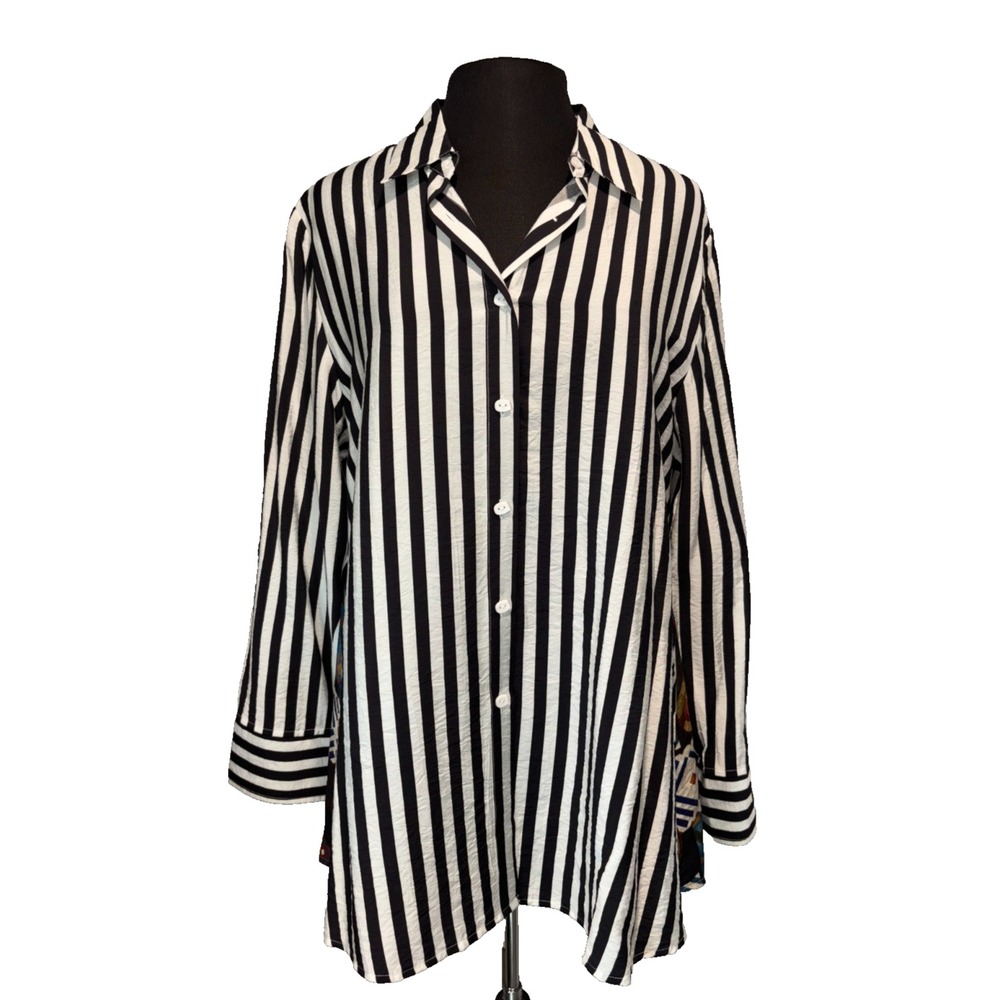 Shana Womens Button Up Tunic Shirt M Black White Stripe Geometric Print Back NWT